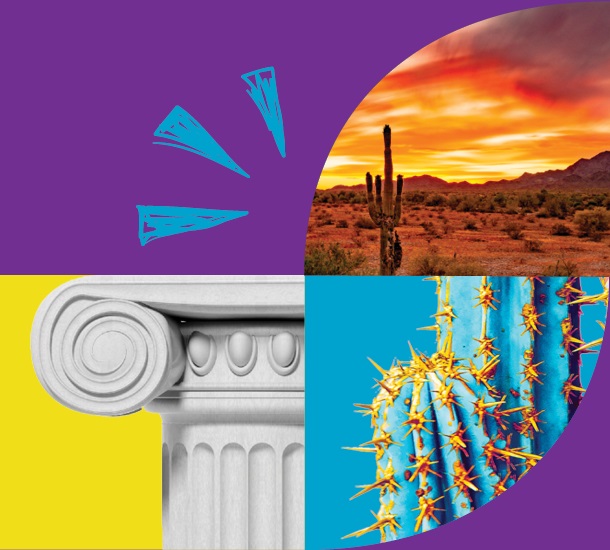 Images of a blue cactus, desert sunset, white column and 3 blue triangles arranged in a square.