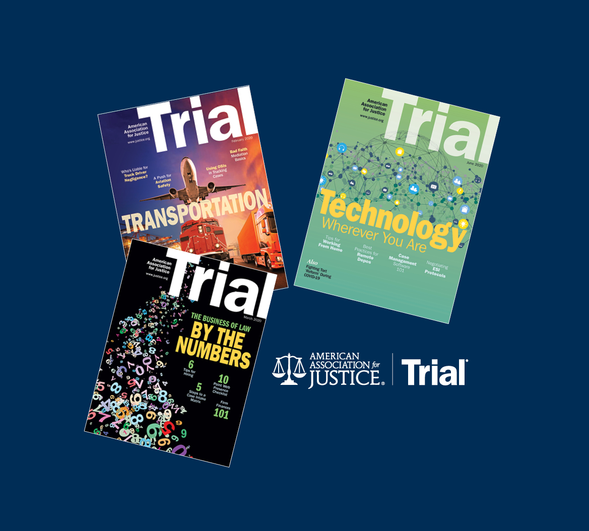 Covers of three recent issues of Trial magazine on a navy blue background.