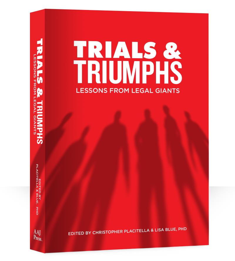"Trials & Triumphs: Lessons from Legal Giants" on a red background with shadows of six people