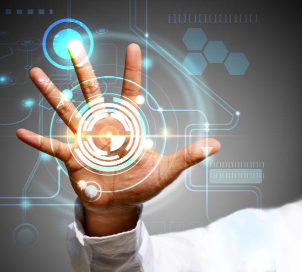 A photo of an outstretched hand superimposed graphics
