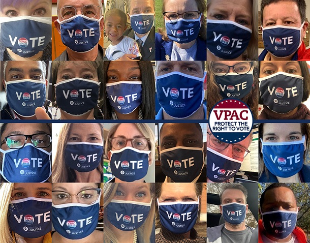 Collage of trial lawyers in voter protection facemasks